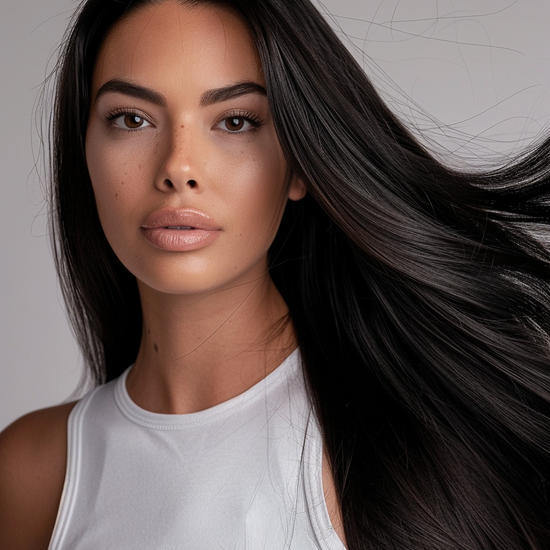 Tape In Extensions aus Echthaar in der Farbe #1 Schwarz für natürliches und glänzendes Haar